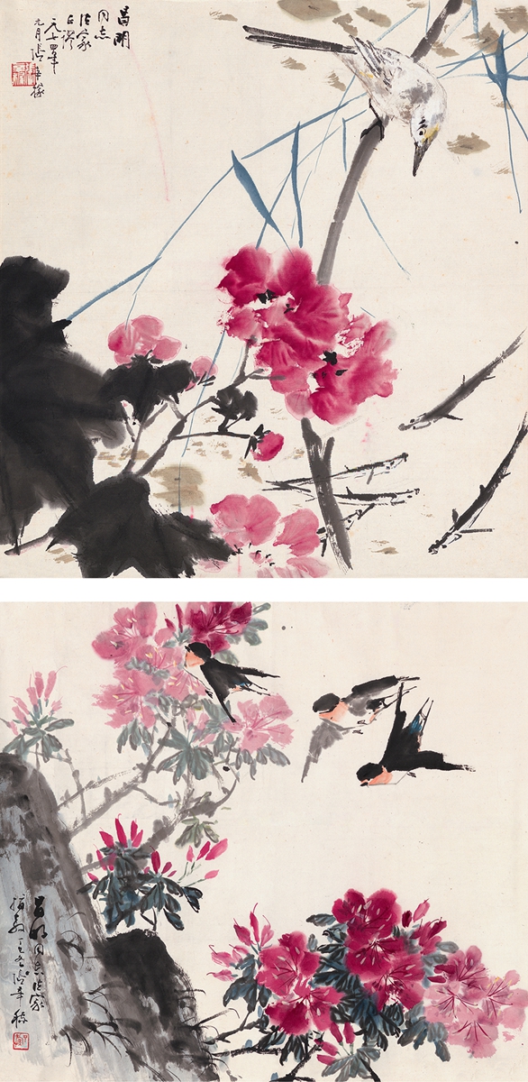 张辛稼(1909～1991)池边禽趣图·丛花飞燕图